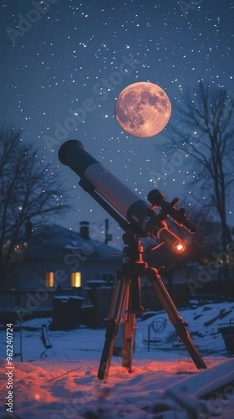 Fototapeta Starry night with a telescope and full moon