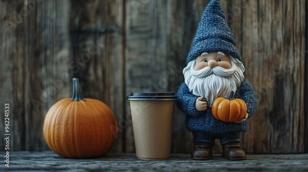Obraz Fall Gnome with Pumpkin and Coffee Cup.