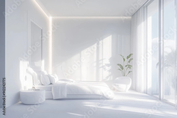 Fototapeta A luxurious 3D white bedroom with smooth walls, minimalistic furniture, and soft, diffused light creating a serene, calming atmosphere.