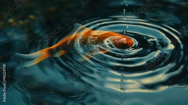 Fototapeta Goldfish swimming in a pond with water droplets creating ripples on the surface.