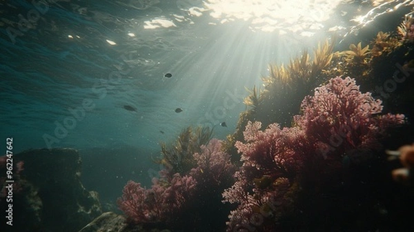 Fototapeta   An underwater photo of a sunlit coral reef, with vibrant corals growing on the ocean floor