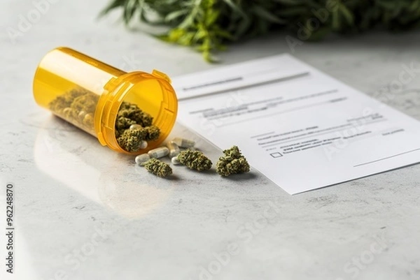 Fototapeta Medical cannabis capsules spilling from a container with copyspace, prescription form nearby.