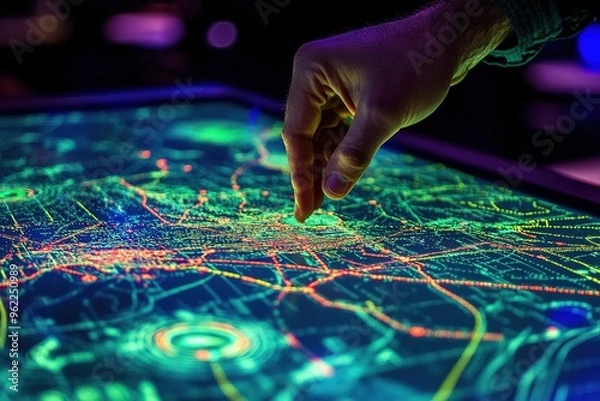 Fototapeta Aviation flight path being traced on a digital map with copyspace, fingers tapping on the touchscreen.