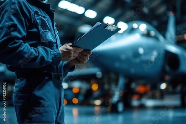 Fototapeta Aviation technician performing pre-flight checks with copyspace, clipboard in hand.