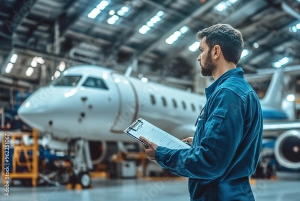 Fototapeta Aviation technician performing pre-flight checks with copyspace, clipboard in hand.