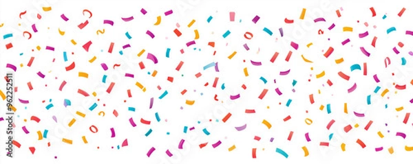 Fototapeta Bright colorful confetti falling on white backdrop, festive party decorations, cheerful atmosphere, vibrant ribbon streamers, holiday celebration, joyful mood, fun event, excitement and happiness
