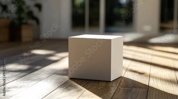 Obraz Elegant 3d mockup of a white box placed on a wooden floor with sunlight creating subtle reflections