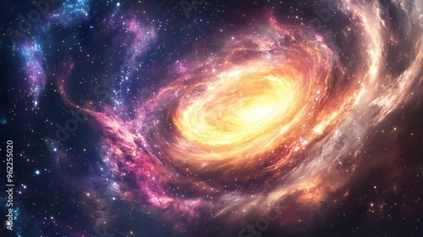 Fototapeta A vibrant cosmic swirl with a bright, golden core, surrounded by nebulae in shades of pink, purple, and orange.