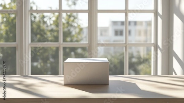 Fototapeta Mockup of a clean white box on a light wooden table with sunlight streaming through large windows