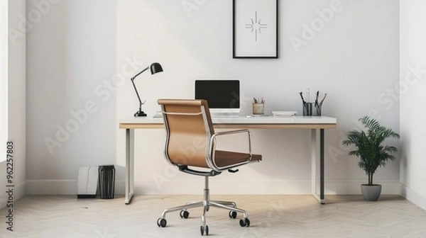 Obraz Close-up of a minimalist home office with a sleek desk, ergonomic chair, and minimalistic decor, focusing on a clean workspace