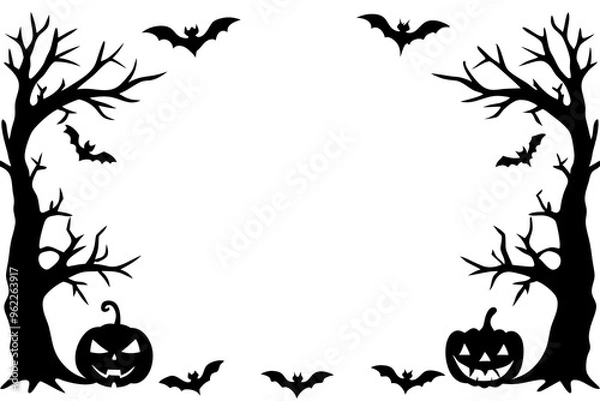 Fototapeta Halloween frames set with silhouettes of pumpkins, bats, spiderweb, tree branches. Halloween border collection isolated on white. Design element for card, poster, text decoration. Vector illustration.