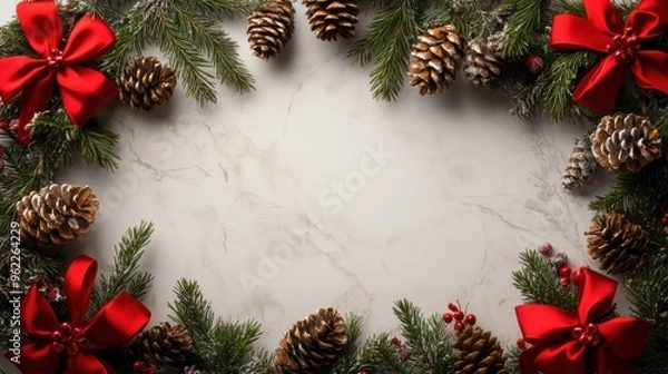 Fototapeta christmas banner mockup with festive garland, pine cones, red bows, and blank space for personalized greetings, perfect for holiday season design
