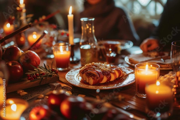 Fototapeta Photo of a traditional Rosh Hashanah table setting with apples, honey, and a shofar, surrounded by family members , warm lighting from candles