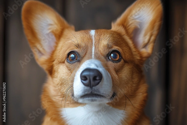 Fototapeta Standard Pembroke Corgi dog portrait, looking directly at the camera with a charming and attentive expression. Perfect for pet photography, animal portraits, and dog-related content