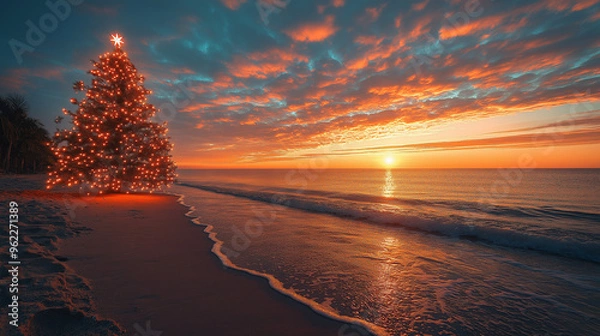Obraz A festive Christmas tree stands tall on a tropical beach at sunset, with the sky ablaze in vibrant sunset colors. A unique and breathtaking blend of holiday cheer and exotic beauty