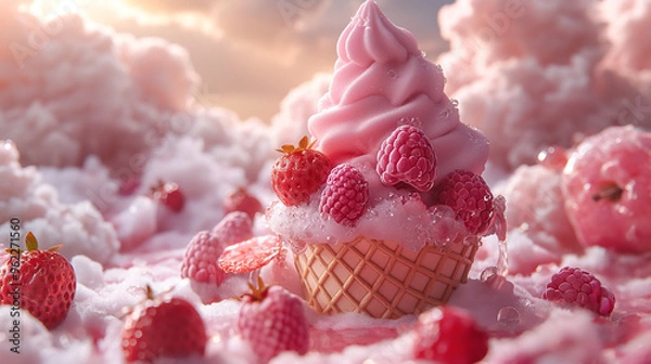 Fototapeta Dive into a whimsical dreamland with puffy pink clouds and fresh raspberries perched atop a delicious frozen yogurt ice cream cone. A delightful blend of fantasy and flavor!