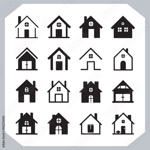 Fototapeta Black silhouettes of houses and cottages, home property logo set package, home button, residential building, country cottage, apartment vector illustrations.