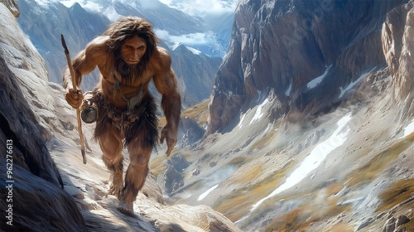 Obraz Denisovan climbing mountain with spear, realistic depiction of ancient human survival
