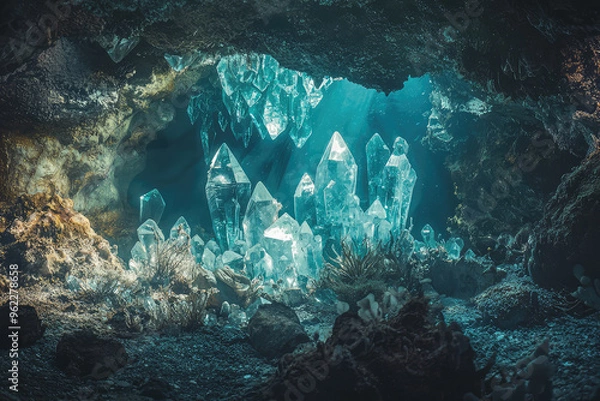 Fototapeta A Hidden Underwater Cave Shimmers with Sparkling Crystal Formations, Bathed in an Eerie, Mystical Light