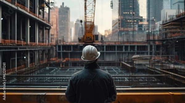 Fototapeta construction worker in a hard hat operating a crane at a busy building site, copy space