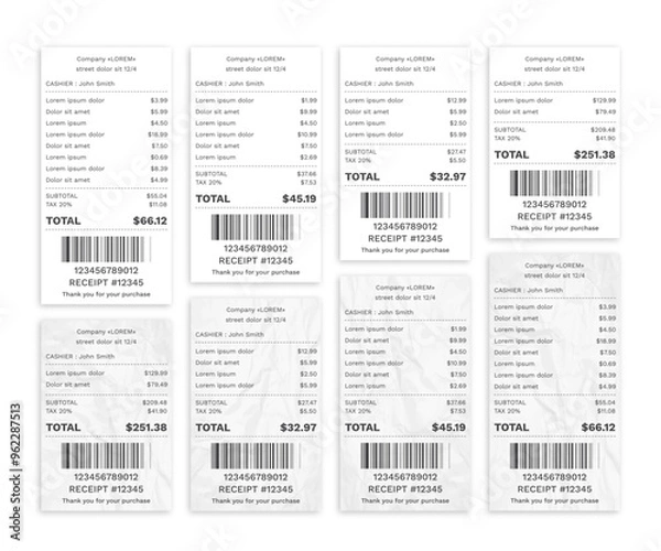 Obraz Set Realistic paper shop receipt with barcode. Payment paper bills for cash or credit card. Vector illustration.