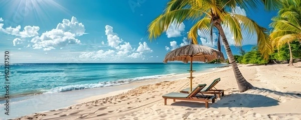 Obraz An extended beach panorama with fine white sand, tall, swaying palm trees, and two sunbeds under a generously sized umbrella