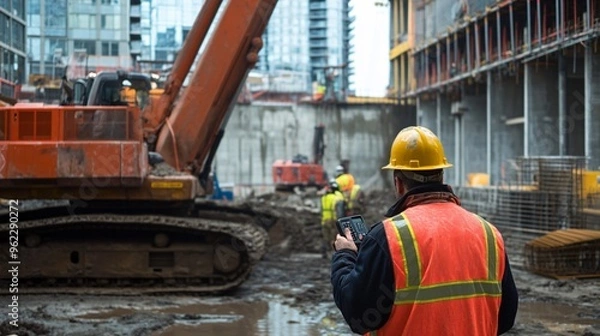 Fototapeta onstruction worker in a hard hat operating a crane at a busy building site, copy space  