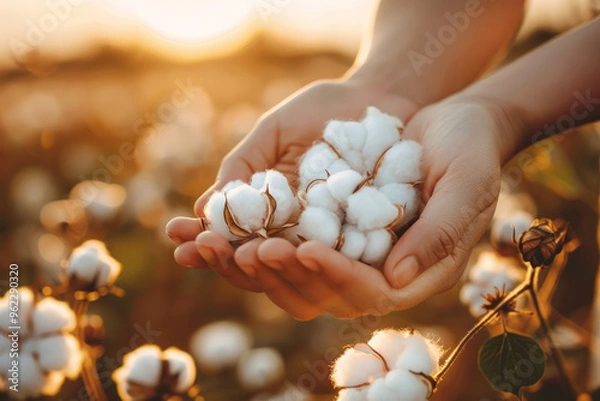 Fototapeta Photo of a close-up of hands holding freshly picked cotton, with a blurred field in the background, soft and natural lighting