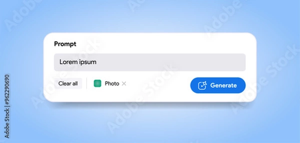 Fototapeta Generate AI content placeholder. LLM assistant interface. Prompt input field. Artificial intelligence submit button. Large language model app chat. Text and image generator tool. Vector illustration