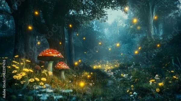 Fototapeta Enchanted Forest with Fireflies