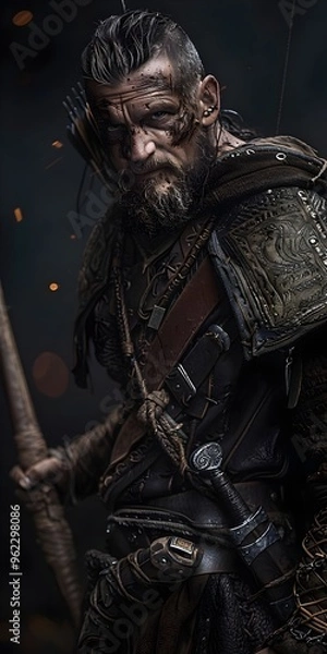 Fototapeta Warrior Hunter Survivor Fearless Adventure Intrepid Combat Dark Atmosphere Epic Quest. AI Generated