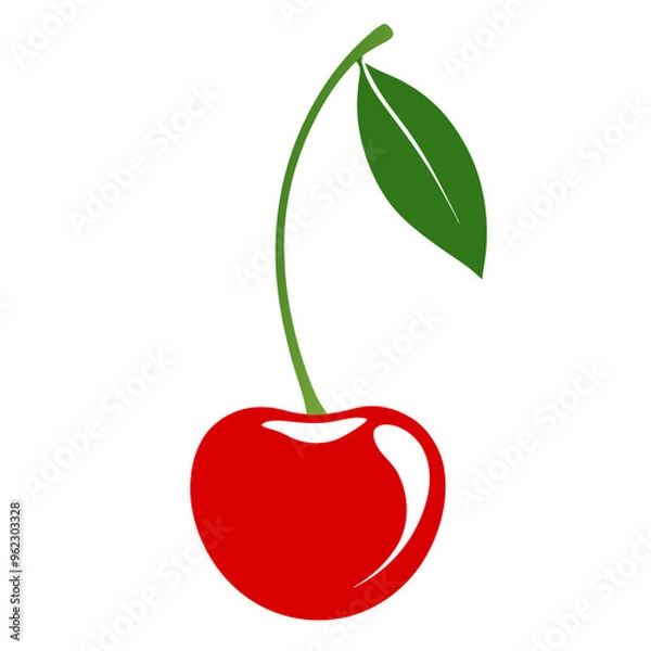 Fototapeta Red cherry graphic with a single green leaf and stem on a white background