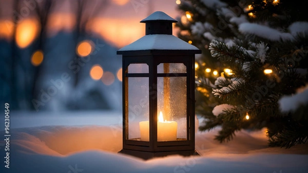 Obraz Lantern with a candle in the snow near the Christmas tree.
