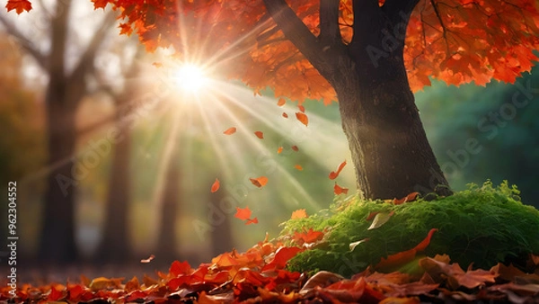 Obraz Autumn landscape: red leaves falling from a tree in an autumn park.