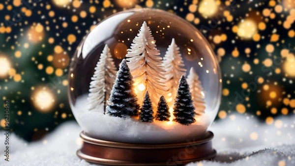Obraz Glass ball with a Christmas decor on a festive background. Snow globe with a Christmas tree.