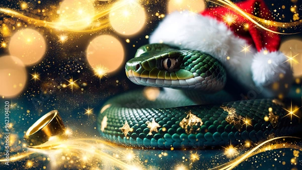 Obraz Snake in a Santa hat on a festive Christmas or New Year background