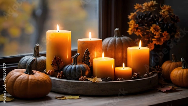 Obraz Halloween and autumn holiday decoration with pumpkins, autumn leaves and candles. Still life, cozy, festive background.