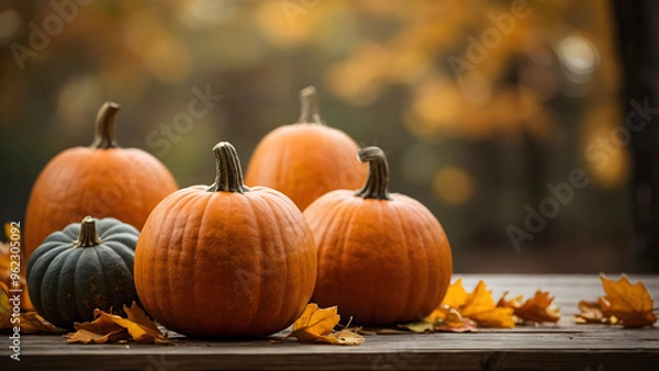 Obraz Harvest pumpkins for Thanksgiving against the background of an autumn park. Harvesting seasonal vegetables.