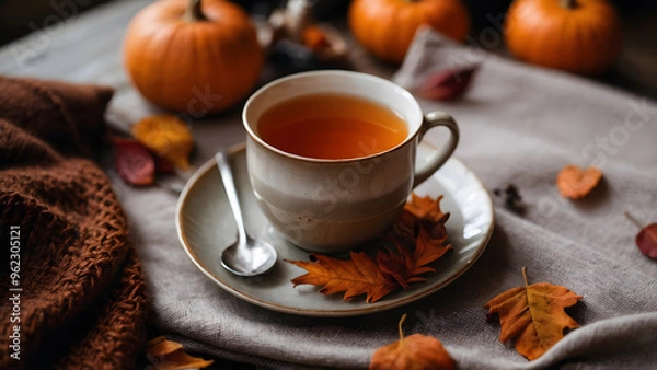 Obraz Cozy autumn moment with a cup of warm tea, a blanket and autumn leaves.