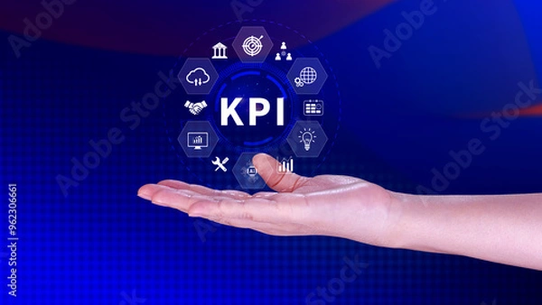 Fototapeta KPI, Key Performance Indicator concept, Management data System KPI connected database follow earnings, operations and sales data, Financial business data analytics graph dashboard.
