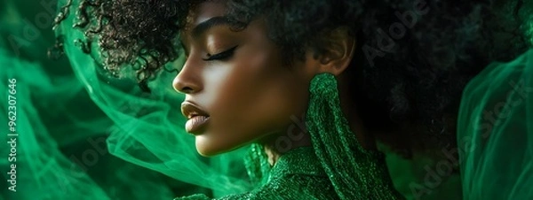 Obraz A Black woman with an updo hairstyle, wearing green and posing for the cover of magazine
