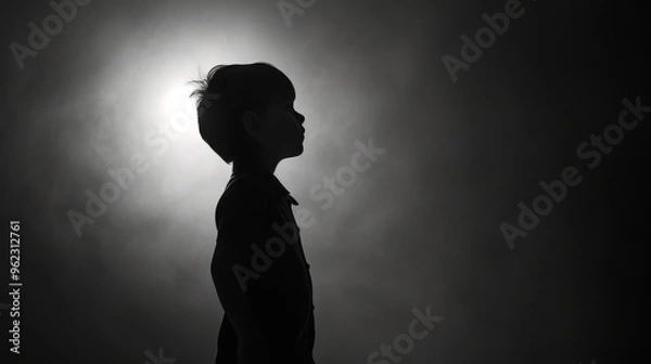 Fototapeta A side profile of a child in silhouette, highlighted by soft backlighting that creates a serene and introspective mood. The gentle light around the child's head suggests contemplation, while the dark