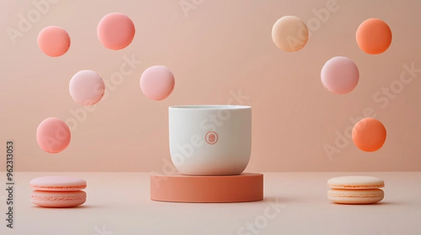 Fototapeta Colorful macarons floating near a cup on a table.