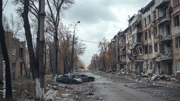 Fototapeta Abandoned Urban Street in War-torn Area