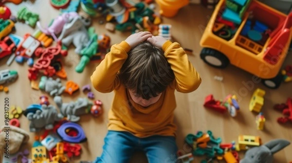 Obraz A young child sits on the floor of a cluttered playroom, holding their head in frustration. The room is scattered with colorful toys, creating a chaotic atmosphere, emphasizing the challenges of