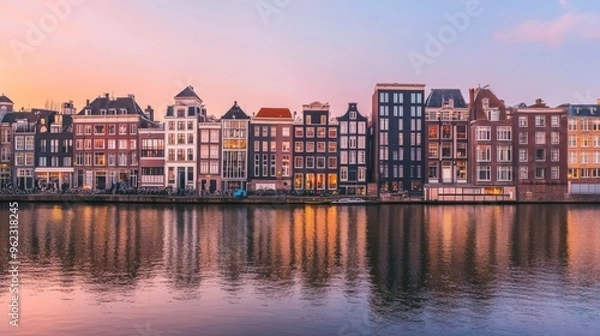 Fototapeta Charming Amsterdam Canal Houses at Sunset