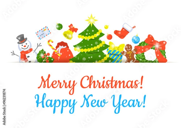 Obraz Christmas background horizontal header vector banner with holiday celebration symbols. Festive decorative frame headline for website, invitation, greeting card design. Winter seasonal border banner