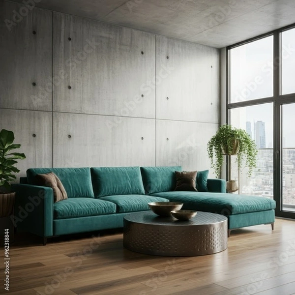 Obraz Living room interior in loft, industrial style, 3d render