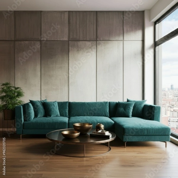 Obraz Living room interior in loft, industrial style, 3d render