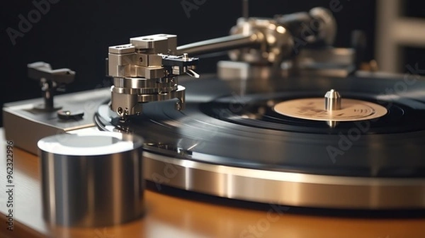 Fototapeta A close-up view of a record player, showcasing the intricate workings of the device. The turntable, tonearm, and cartridge are clearly visible, providing a glimpse into the mechanics of vinyl
